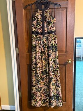 BCBG Maxazria Tacarra size 6 floral maxi dress dark midnight, peach and lime New